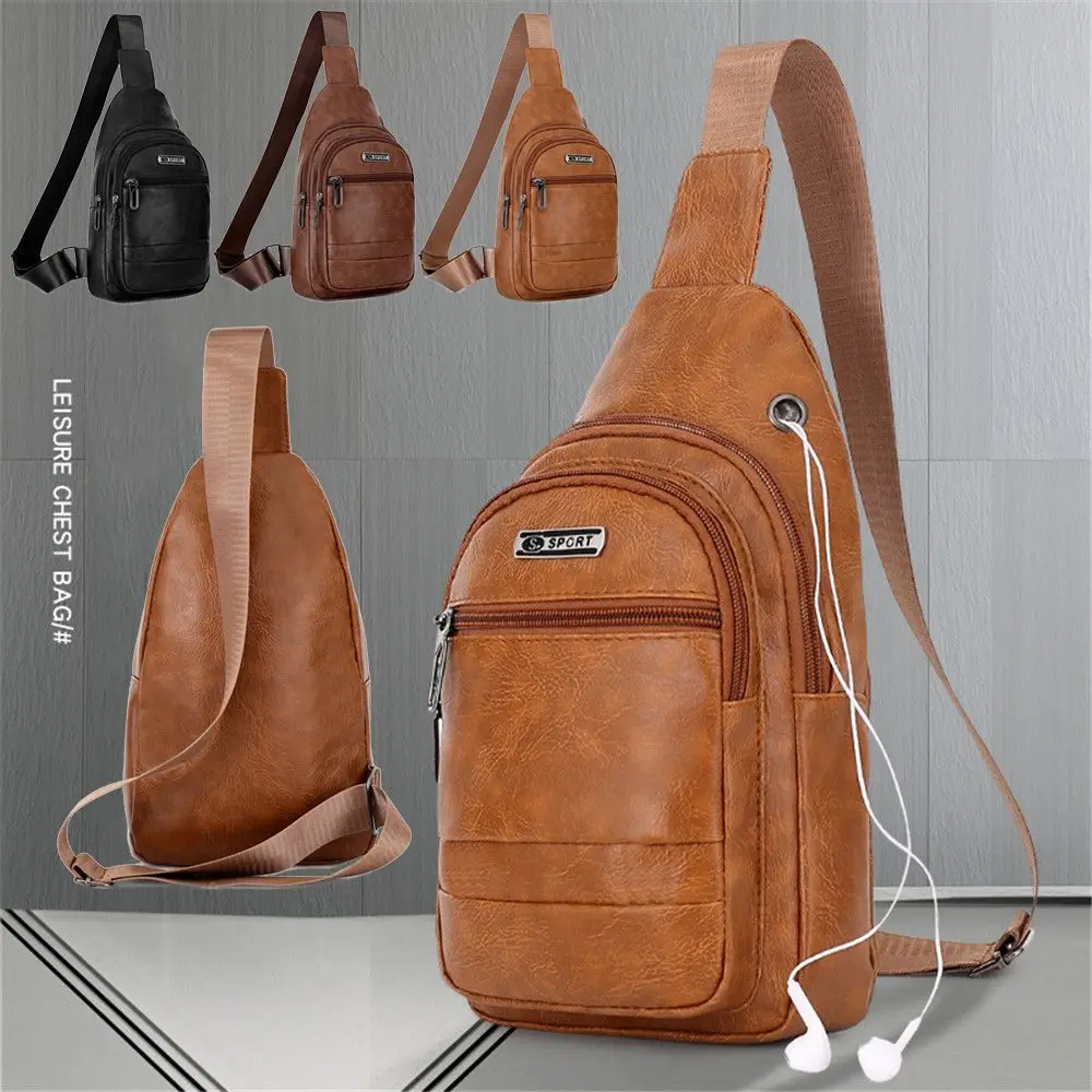 Fashion Men Bags Leather Chest Shoulder Crossbody Bag Zipper Pack Sling Shoulder Bag Outdoor Travel Bags thumbnail 2