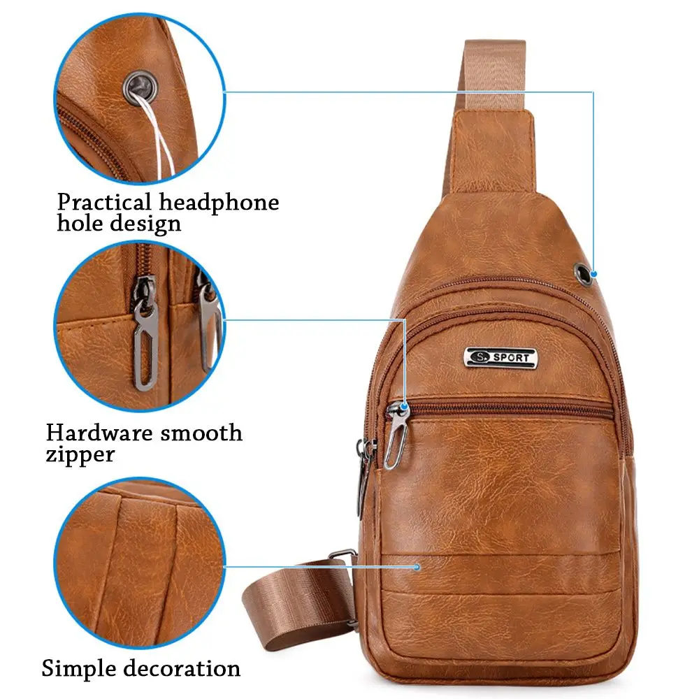 Fashion Men Bags Leather Chest Shoulder Crossbody Bag Zipper Pack Sling Shoulder Bag Outdoor Travel Bags thumbnail 5