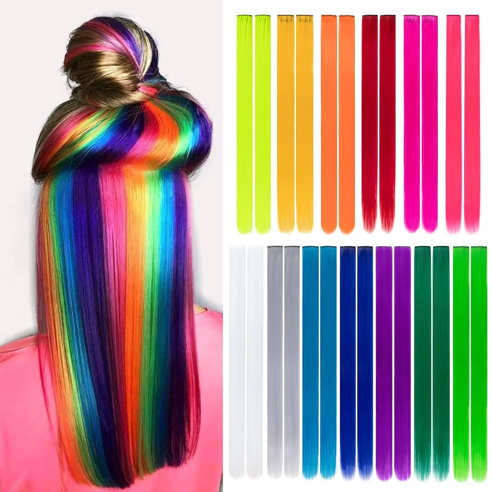 Synthetic 10Pcs Colored Party Highlights Clip in Hair Extensions for Girls Multi-colors Straight Hair  Hairpieces for Daily Use