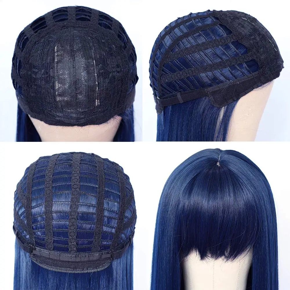 Synthetic Replacement Hair Wig With Bangs Blue Color Heat Resistant No Lace Wigs for Fashion Women thumbnail 2
