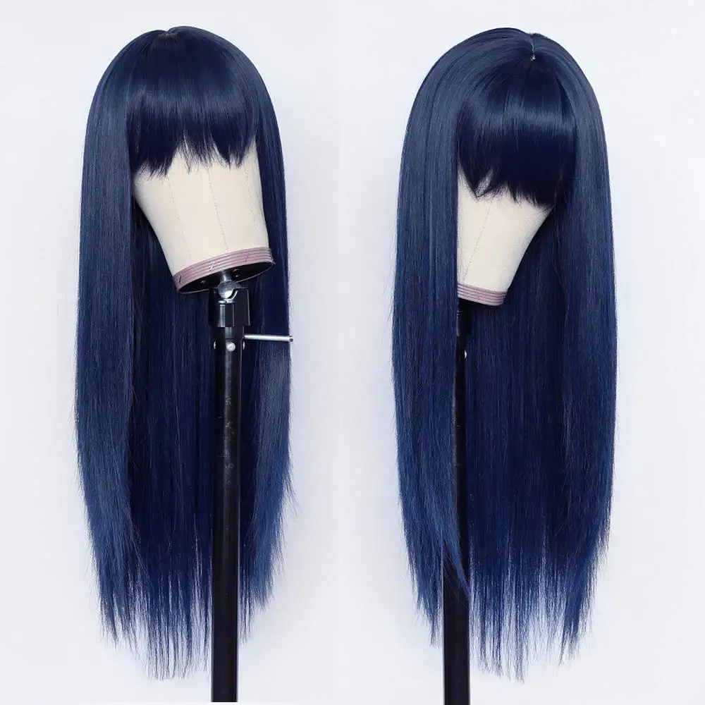 Synthetic Replacement Hair Wig With Bangs Blue Color Heat Resistant No Lace Wigs for Fashion Women thumbnail 3