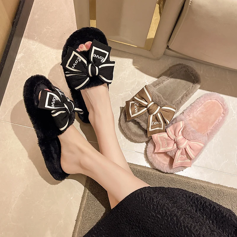 Casual Fluffy Slippers Women House Flats Fashion Winter Bowknot Love Designer Shoes Ladies Home Plush Platform Elegant Footwear thumbnail 2