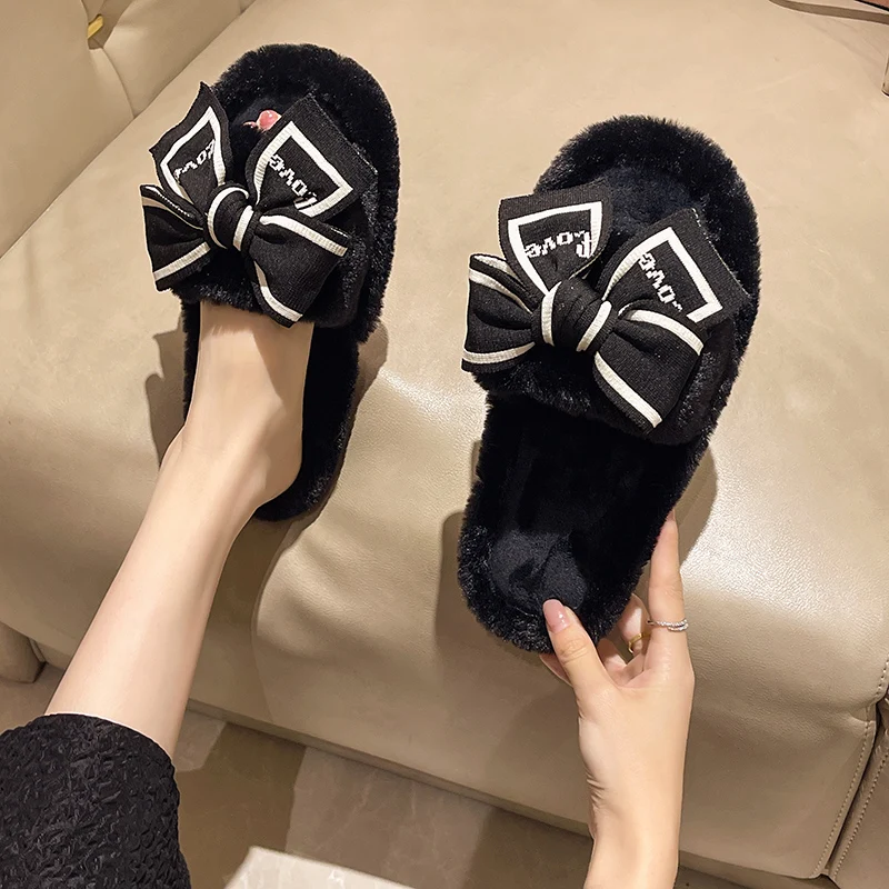 Casual Fluffy Slippers Women House Flats Fashion Winter Bowknot Love Designer Shoes Ladies Home Plush Platform Elegant Footwear thumbnail 4