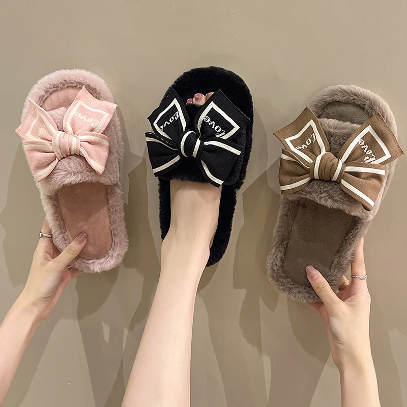 Casual Fluffy Slippers Women House Flats Fashion Winter Bowknot Love Designer Shoes Ladies Home Plush Platform Elegant Footwear thumbnail 5