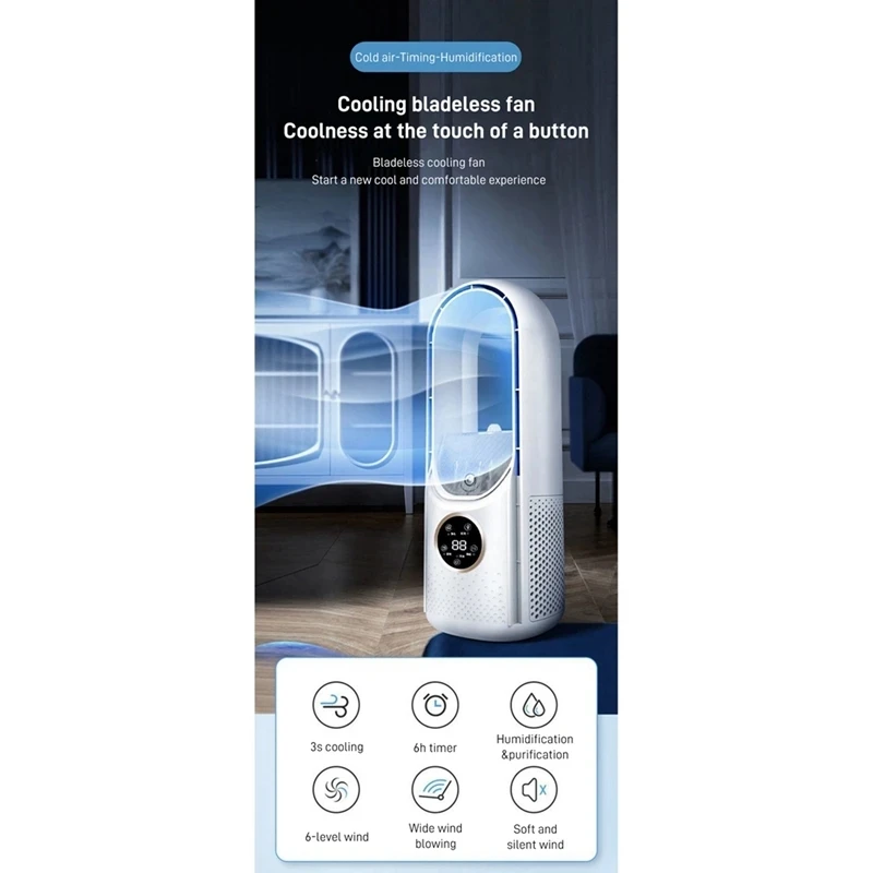 Portable USB Air Cooler Leafless Electric Fan 6 Speed Silent Timer Air Conditioner Cooling Fan Humidifier Conditioning Fan thumbnail 3
