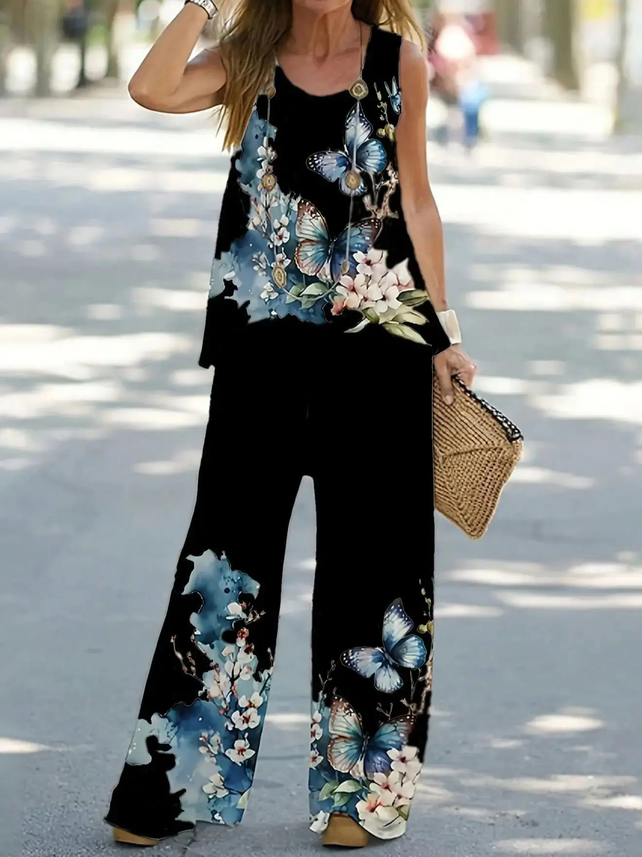Simple Sleeveless Printed Vest Long Pants Set Women Summer Fashion Round Neck Casual T-Shirt Top Loose Pants Suit Clothes thumbnail 2