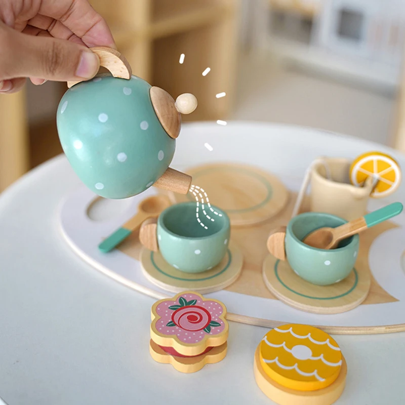 Wooden Afternoon Tea Set Toy Kitchen Accessories Tea Party Food Play Early Educational Toys for Toddlers Girls Boys Kids Gifts thumbnail 3