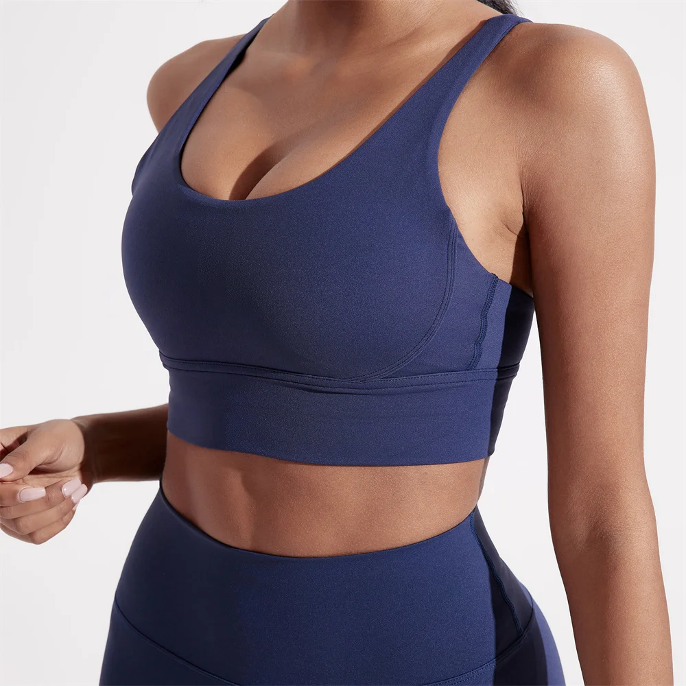 Solid Color Women Cross back Fitness sport Bra High strength Tight Top Comprehensive Training Gym Yoga Underwear With Chest Pad thumbnail 2