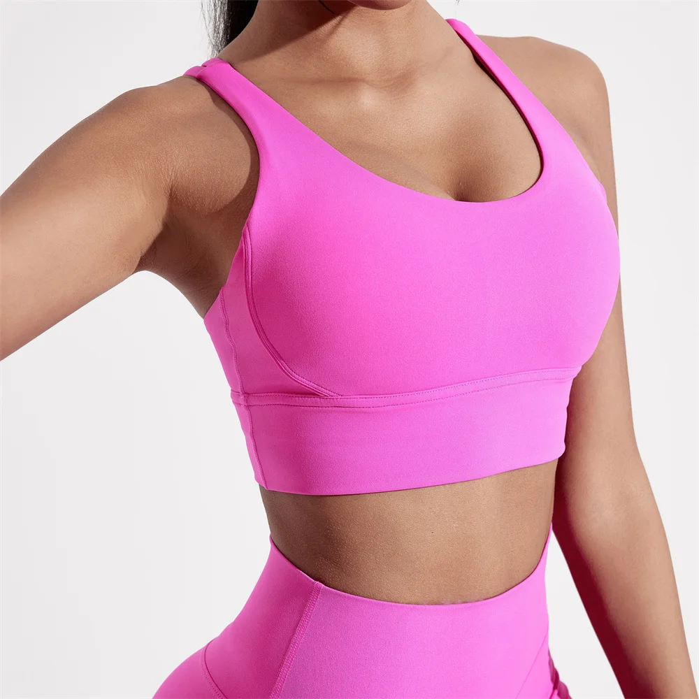 Solid Color Women Cross back Fitness sport Bra High strength Tight Top Comprehensive Training Gym Yoga Underwear With Chest Pad thumbnail 5