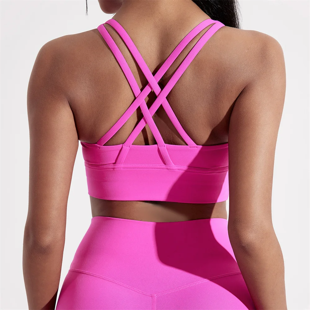 Solid Color Women Cross back Fitness sport Bra High strength Tight Top Comprehensive Training Gym Yoga Underwear With Chest Pad thumbnail 6