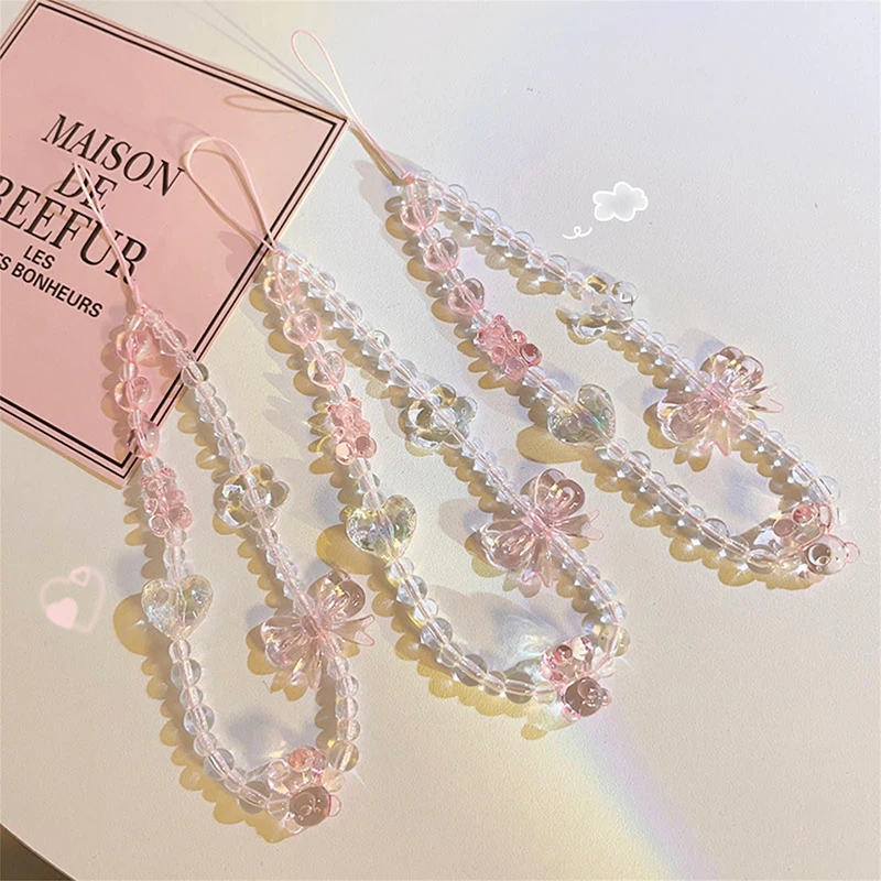 Korean Pink Bear Butterfly Flower Phone Strap Charm Chain Knot Cellphone Lanyard Keychain Woman Girl Bag Camera Pendant For Case thumbnail 2