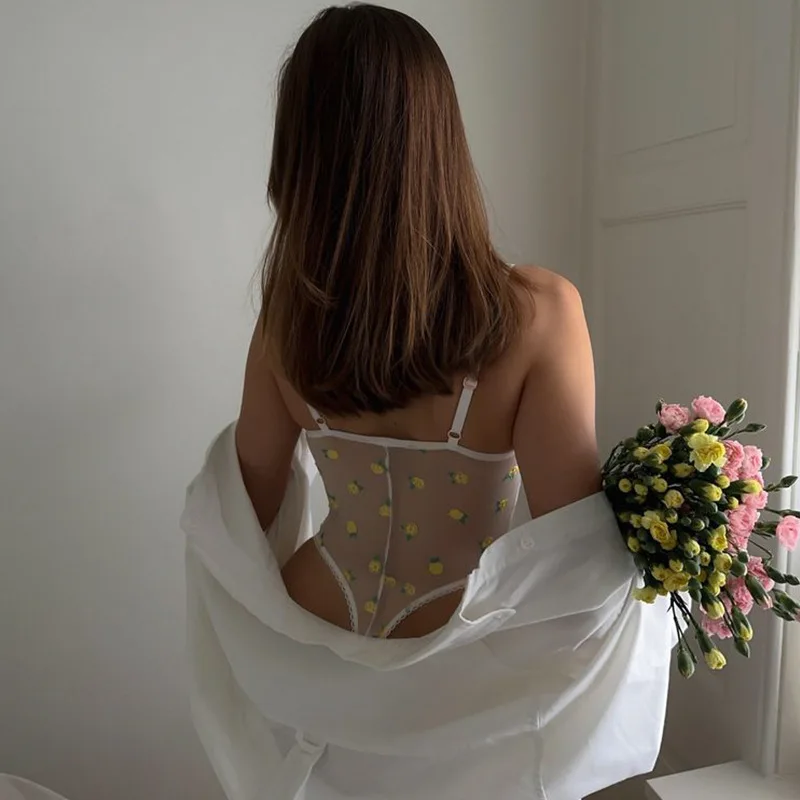 Apprabant Sexy Y2k Lace Mesh Spliced Bodysuits See Through Printed Spicy Girl Sleeveless Backless Tight Fit Suspender Top thumbnail 2