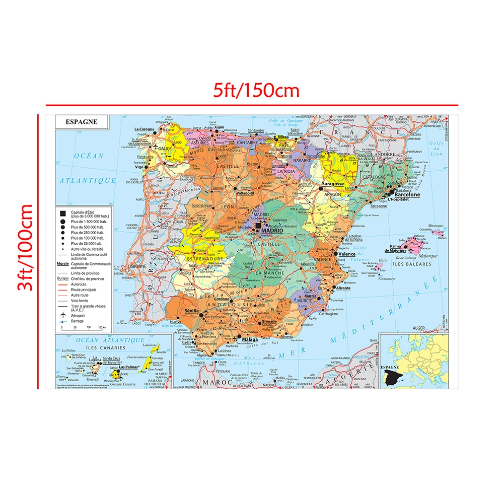 150*100cm The Spain Transportation Map in French Wall Art Poster Non-woven Canvas Painting School Supplies Home Decor thumbnail 4