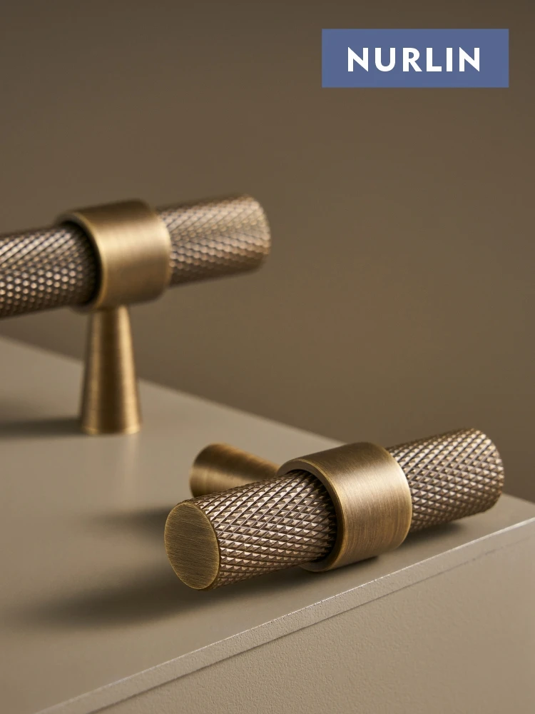 Nurlin Solid Brass Knurled Art Deco Retro Antique industrial style Cabinet Wardrobe Drawer Handle T-bar Pull