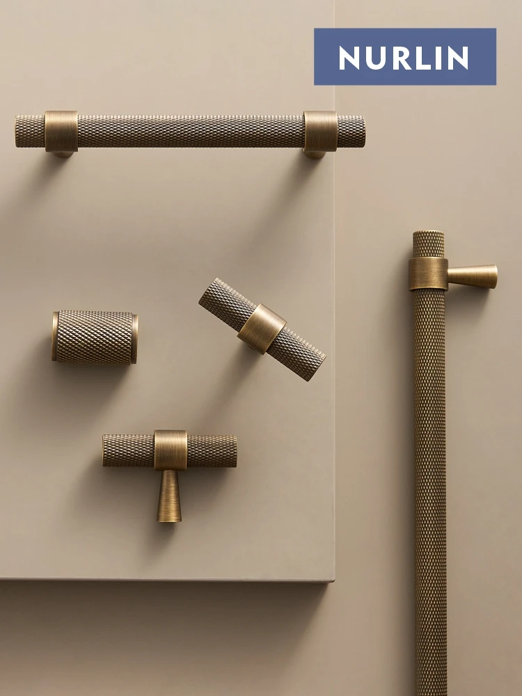 Nurlin Solid Brass Knurled Art Deco Retro Antique industrial style Cabinet Wardrobe Drawer Handle T-bar Pull thumbnail 3