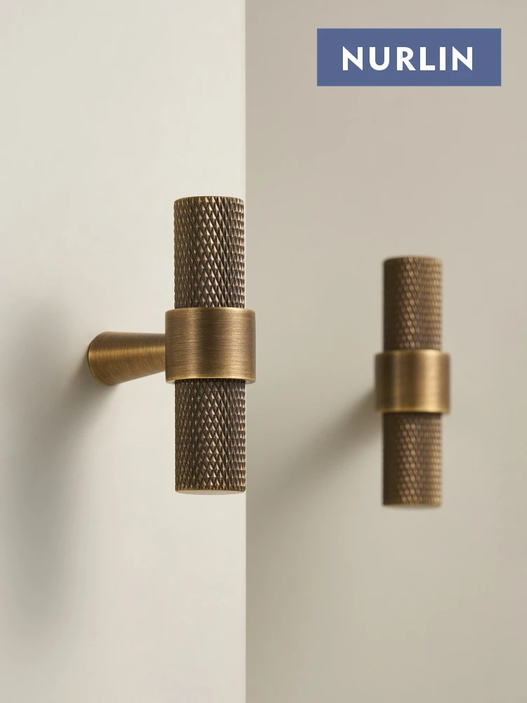 Nurlin Solid Brass Knurled Art Deco Retro Antique industrial style Cabinet Wardrobe Drawer Handle T-bar Pull thumbnail 6