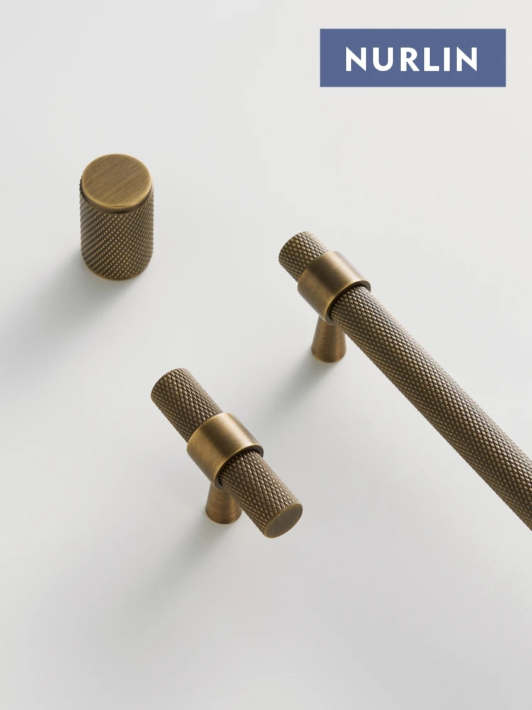 Nurlin Solid Brass Knurled Art Deco Retro Antique industrial style Cabinet Wardrobe Drawer Handle T-bar Pull thumbnail 2