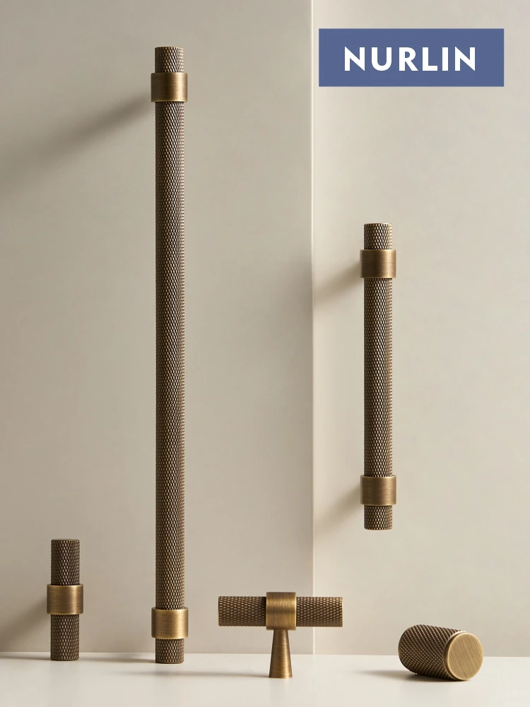 Nurlin Solid Brass Knurled Art Deco Retro Antique industrial style Cabinet Wardrobe Drawer Handle T-bar Pull thumbnail 4