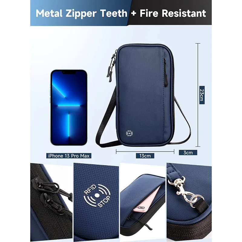 RFID Family Passport Wallet Waterproof Zipper Nylon Travel Document Organizer Card Clutch For Men Women With Strap thumbnail 3