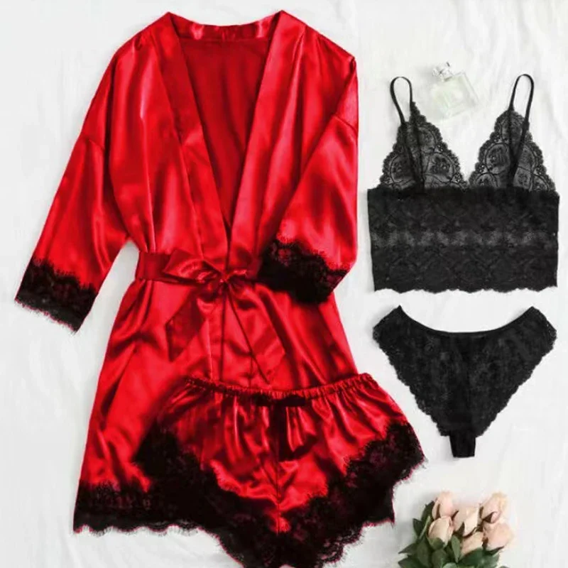 Women's Sexy Pajamas Nightgowns Lingerie Shorts 4-piece Lace Camisole Pajama Set Home Robe Nightgowns Leisure wear thumbnail 2