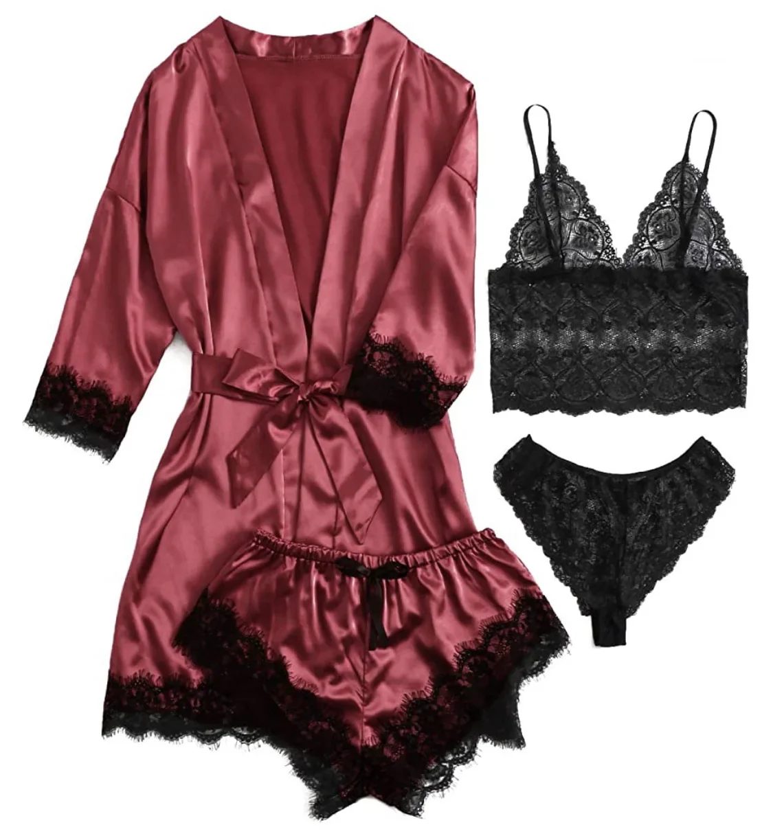 Women's Sexy Pajamas Nightgowns Lingerie Shorts 4-piece Lace Camisole Pajama Set Home Robe Nightgowns Leisure wear thumbnail 4