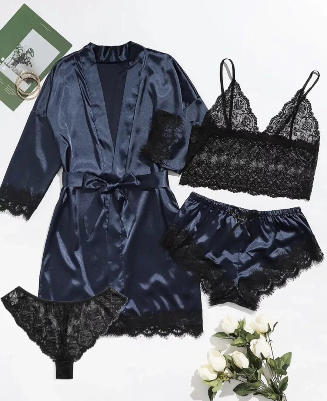 Women's Sexy Pajamas Nightgowns Lingerie Shorts 4-piece Lace Camisole Pajama Set Home Robe Nightgowns Leisure wear thumbnail 6