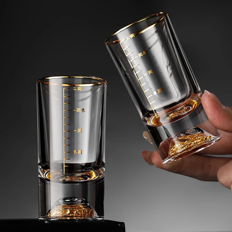 50ml/100ml Luxury Gold Edge Wine Glass Gold Foil Liquor Goblet Spirit Cup with Scale Whiskey Cocktail Drinking Glasses Drinkware thumbnail 5