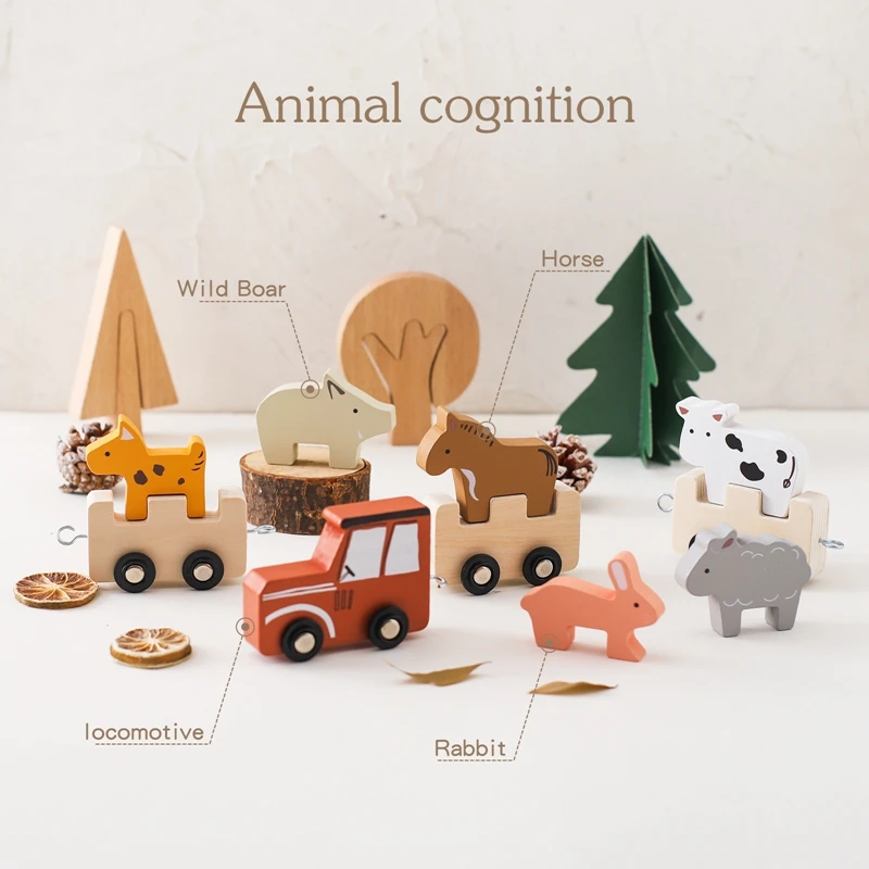 Baby Wooden Building Blocks Train Farm Animals Stacking Educational Toys Children Montessori Stacker Toys for Children Gifts thumbnail 3