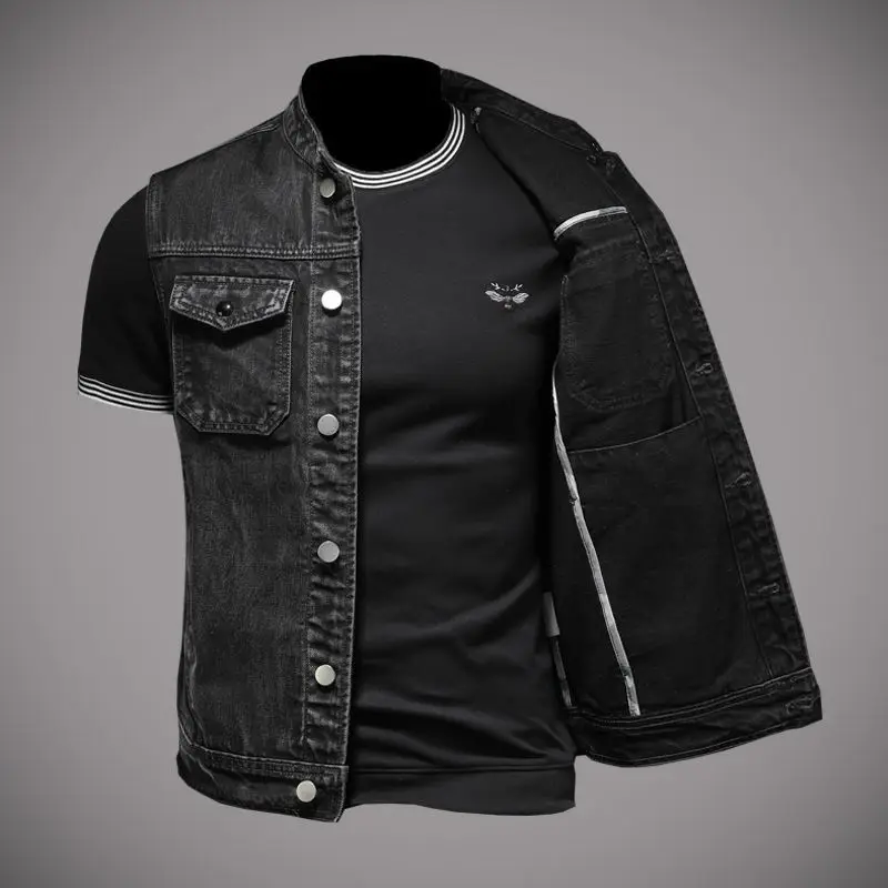 2024 new men's denim jacket motorcycle vest retro fashion motorcycle riding clothes casual versatile denim vest men's clothing thumbnail 2