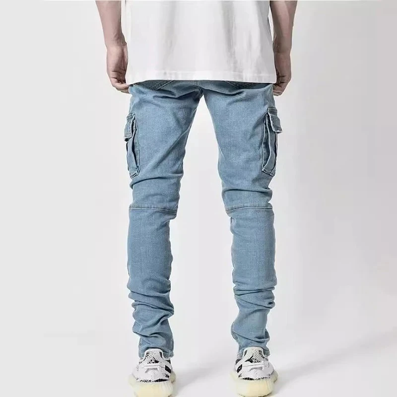 Men Street Elastic Denim Jeans Wash Solid Color Multi Pockets Cargo Pants Casual Slim Fit Daily Wear Joggers Mid Waist Trousers thumbnail 2