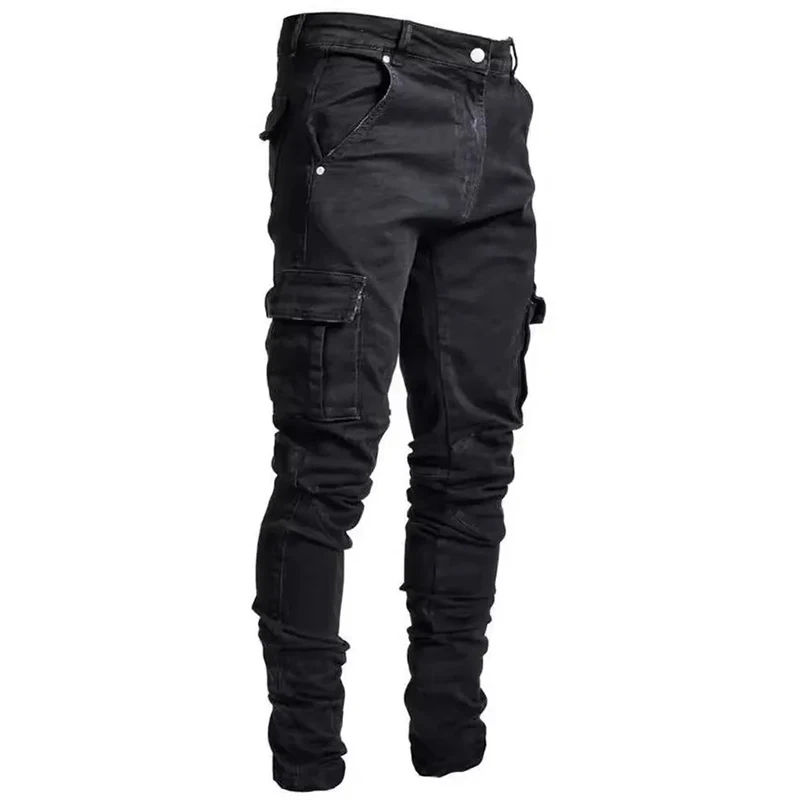 Men Street Elastic Denim Jeans Wash Solid Color Multi Pockets Cargo Pants Casual Slim Fit Daily Wear Joggers Mid Waist Trousers thumbnail 6