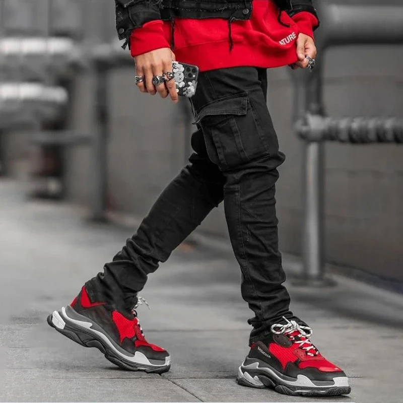Men Street Elastic Denim Jeans Wash Solid Color Multi Pockets Cargo Pants Casual Slim Fit Daily Wear Joggers Mid Waist Trousers thumbnail 5