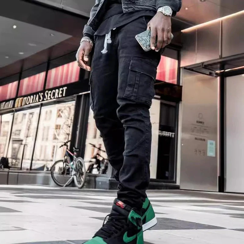 Men Street Elastic Denim Jeans Wash Solid Color Multi Pockets Cargo Pants Casual Slim Fit Daily Wear Joggers Mid Waist Trousers thumbnail 4