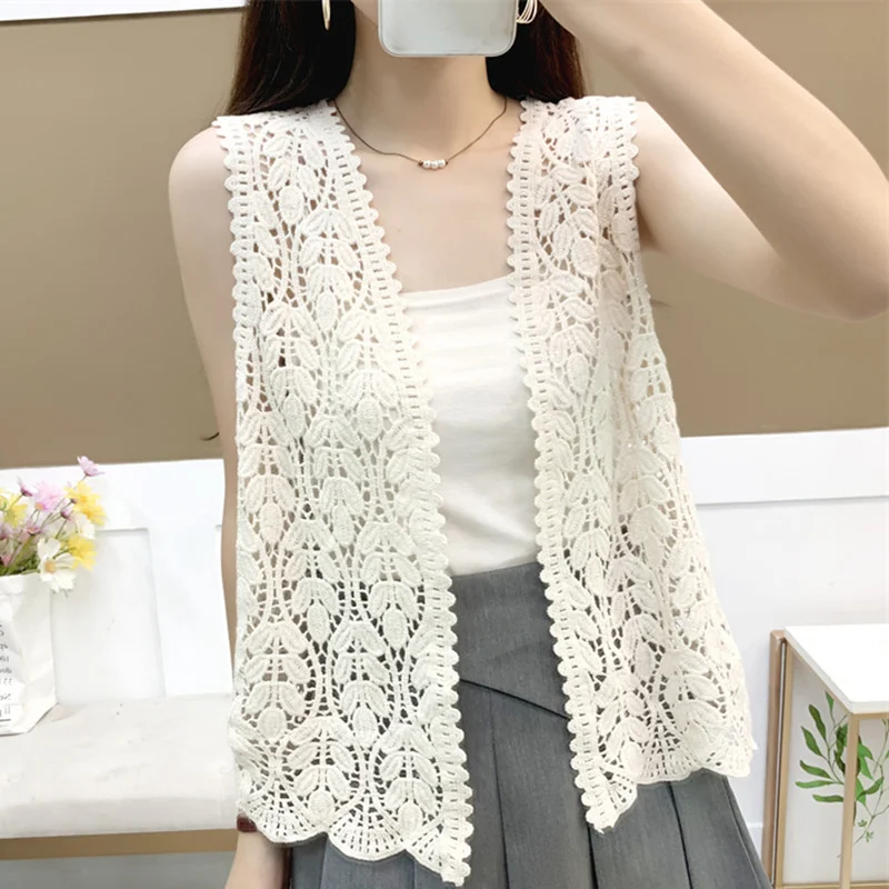 Boho Crochet Knit Vest for Women Cover Up Floral Embroidery Sleeveless Open Front Cardigan Tops Summer Vacation Outfit thumbnail 2