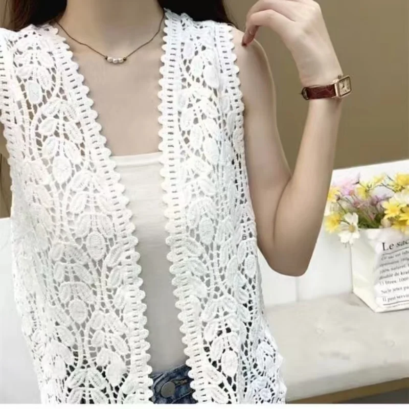 Boho Crochet Knit Vest for Women Cover Up Floral Embroidery Sleeveless Open Front Cardigan Tops Summer Vacation Outfit thumbnail 5