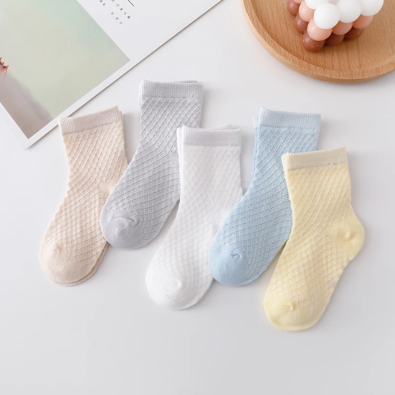 5 Pairs Boys Spring and Summer Solid Color Mesh Socks Children's Simple and Thin Socks Children's Baby Cotton Socks 1-7Years