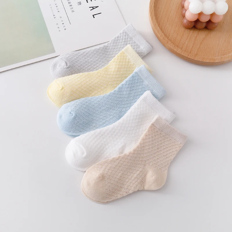 5 Pairs Boys Spring and Summer Solid Color Mesh Socks Children's Simple and Thin Socks Children's Baby Cotton Socks 1-7Years thumbnail 3