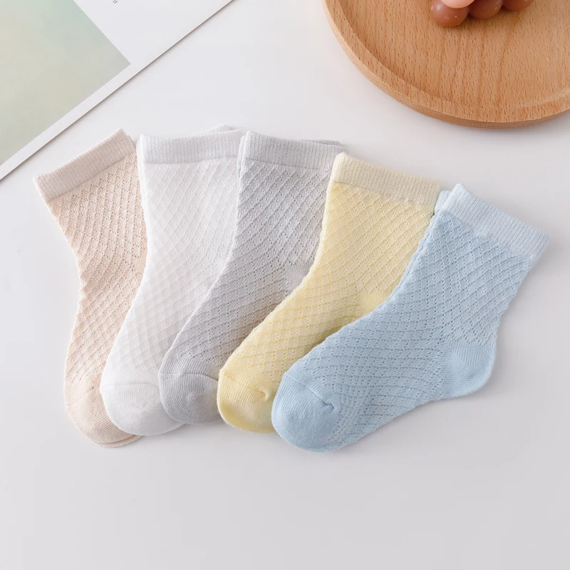 5 Pairs Boys Spring and Summer Solid Color Mesh Socks Children's Simple and Thin Socks Children's Baby Cotton Socks 1-7Years thumbnail 4