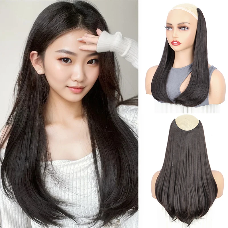 18Inch Synthetic 4 Clips V-shaped Hair Extension Long Straight Internal Buckle Style Black Brown Hairpiece for Women