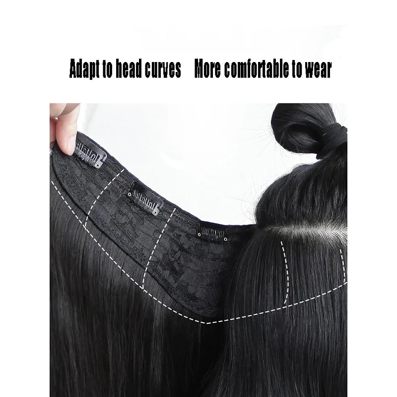 18Inch Synthetic 4 Clips V-shaped Hair Extension Long Straight Internal Buckle Style Black Brown Hairpiece for Women thumbnail 4