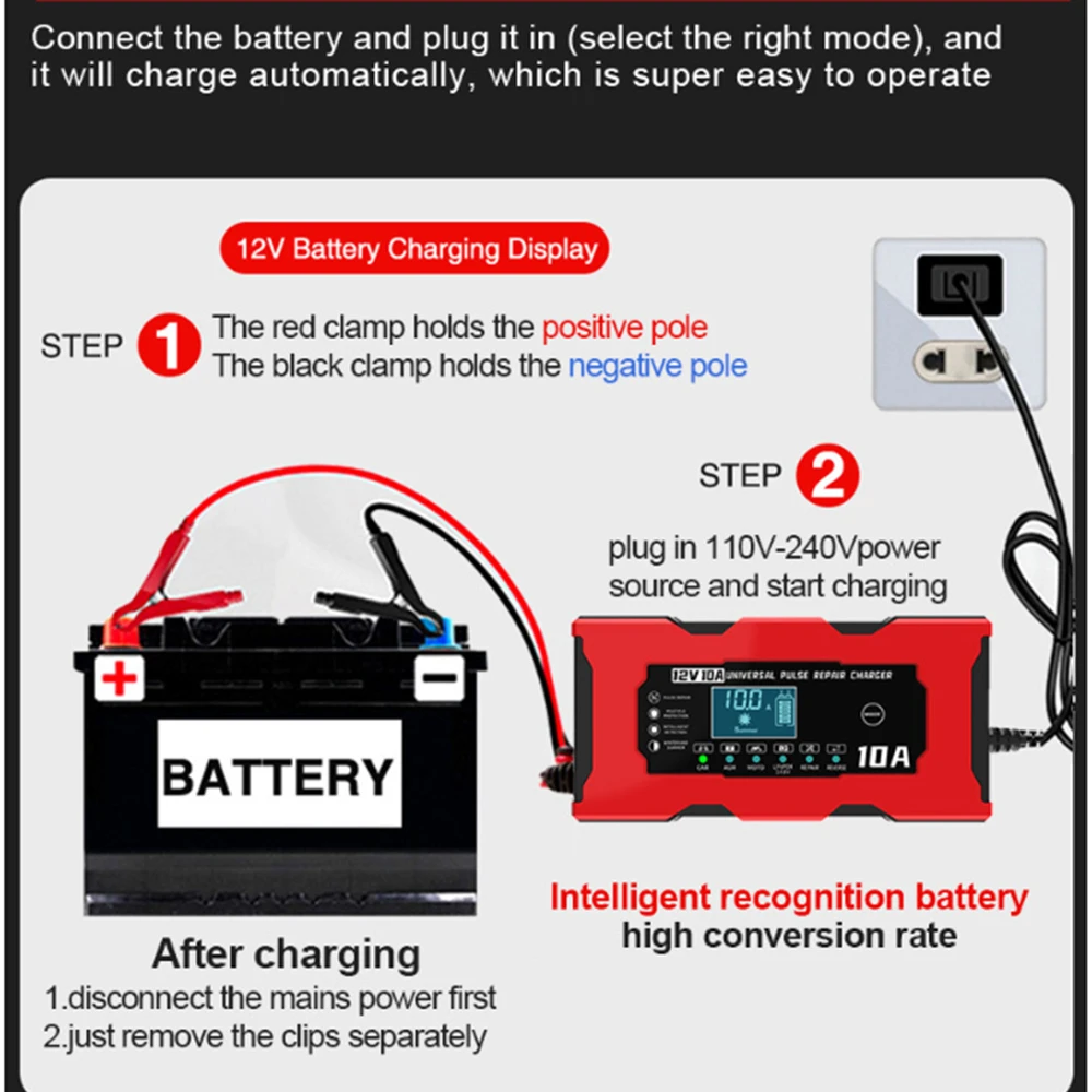 12V 10A Smart Car Battery Charger 14.6V 10A Electric Motorcycles Charger For Lifepo4 Lead Acid AGM GEL PB Lithium Battery Repair thumbnail 6