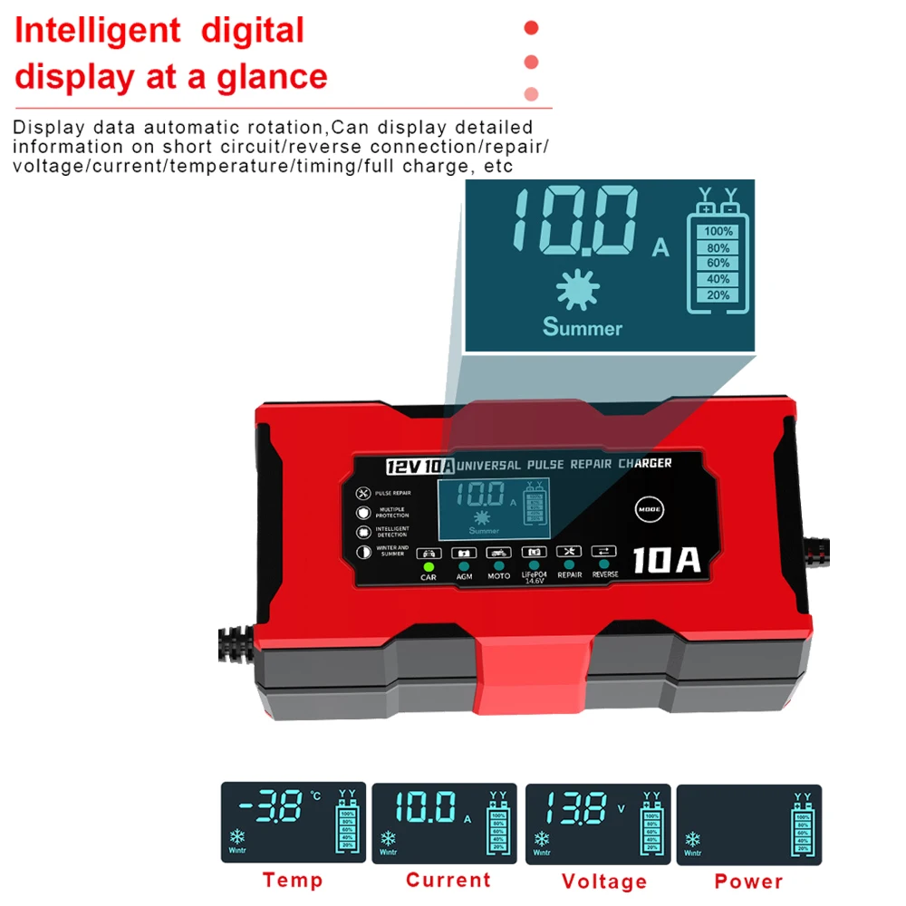 12V 10A Smart Car Battery Charger 14.6V 10A Electric Motorcycles Charger For Lifepo4 Lead Acid AGM GEL PB Lithium Battery Repair thumbnail 2