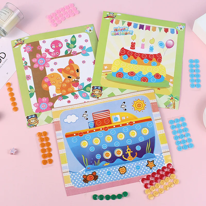 Children Handmade DIY Toys Button/Pompom/Diamond Stickers Drawing Toy Puzzle Early Education Color Cognition Birthday Gift TMZ thumbnail 3