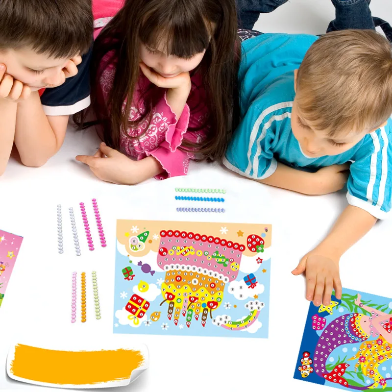 Children Handmade DIY Toys Button/Pompom/Diamond Stickers Drawing Toy Puzzle Early Education Color Cognition Birthday Gift TMZ thumbnail 5