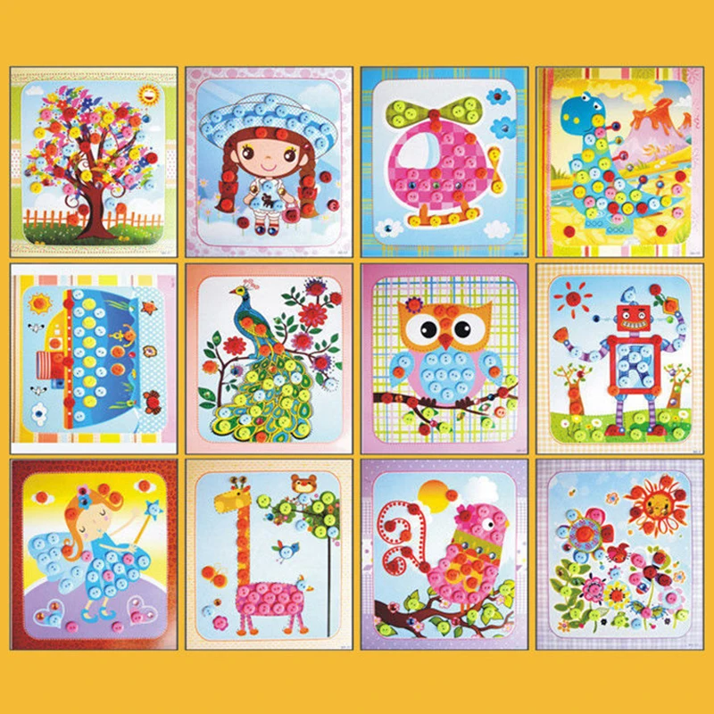 Children Handmade DIY Toys Button/Pompom/Diamond Stickers Drawing Toy Puzzle Early Education Color Cognition Birthday Gift TMZ thumbnail 6