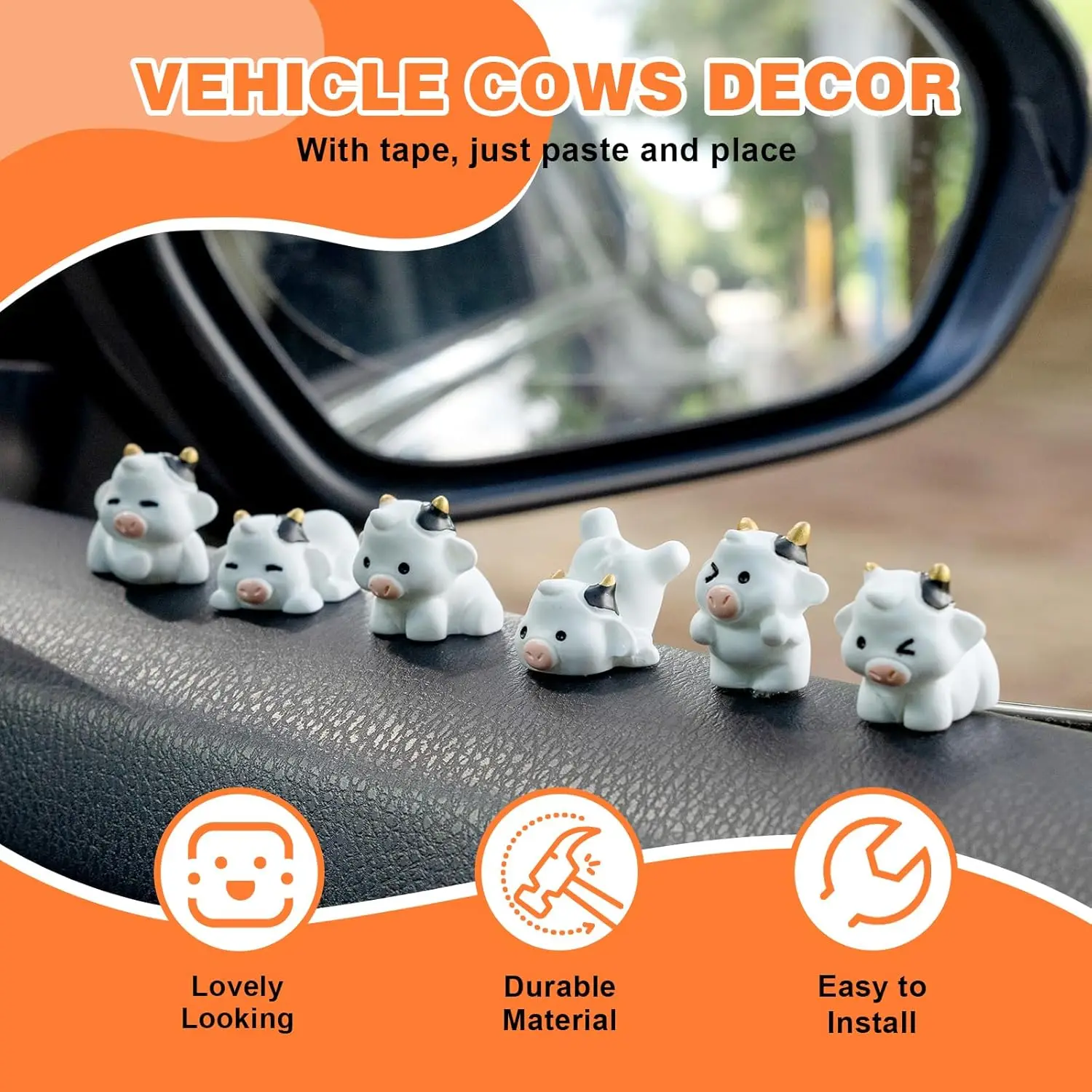 6PCS Cute Cow Car Dash Decorations Car Door Rear View Mirror Ornament Interior Accessories for Home Office thumbnail 4