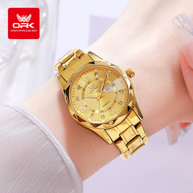 OPK Brand women's steel strip quartz watch dual calendar waterproof night light 6023 thumbnail 4