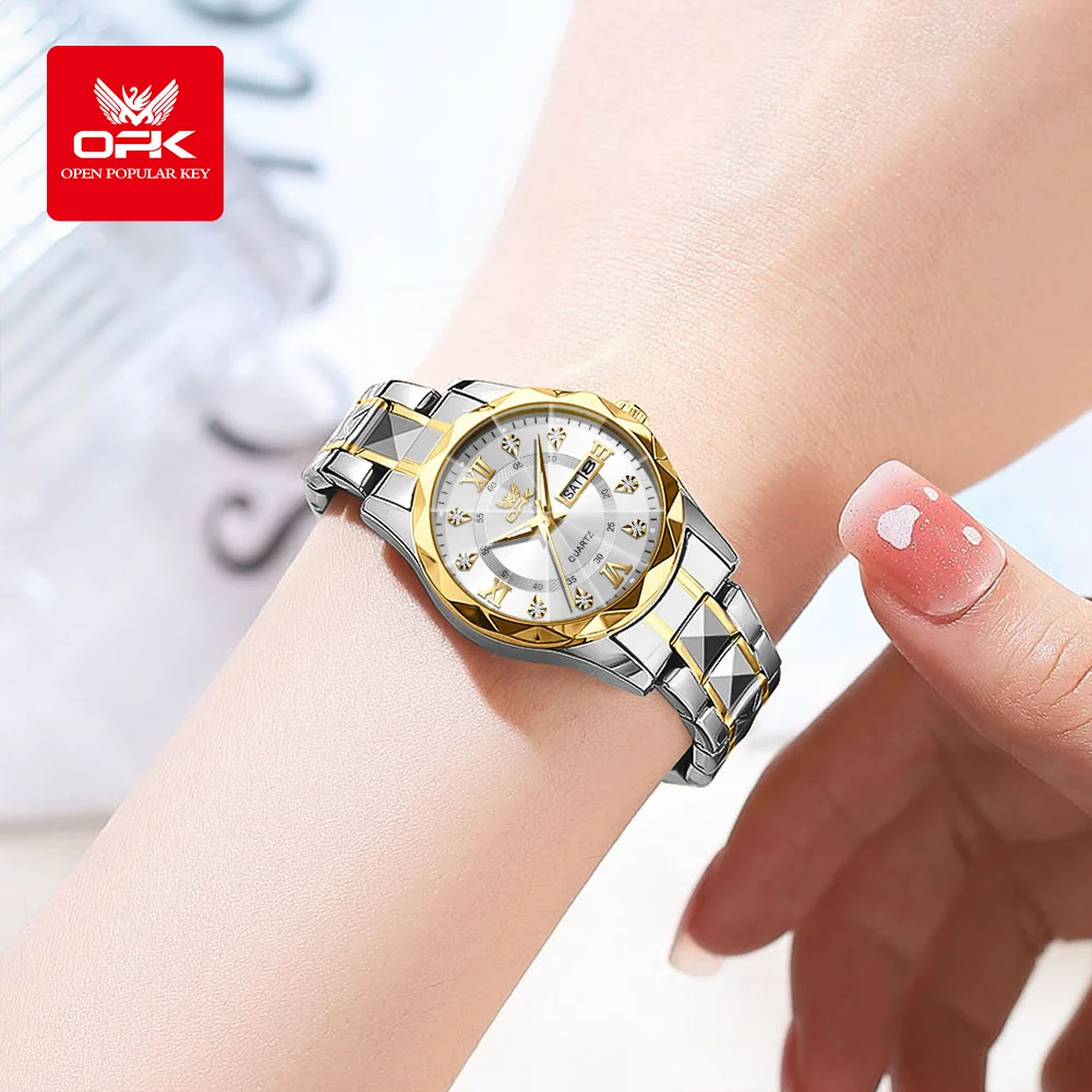 OPK Brand women's steel strip quartz watch dual calendar waterproof night light 6023 thumbnail 2