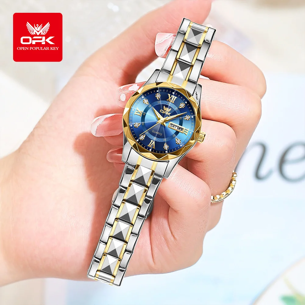 OPK Brand women's steel strip quartz watch dual calendar waterproof night light 6023 thumbnail 3
