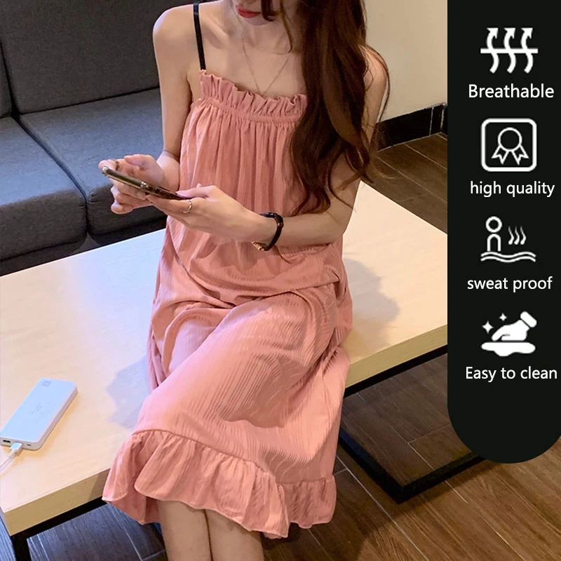 Girl Korean Chic Healing Princess Style Ruffled Simple Sweet Pajamas Women Summer Autumn Sling Mid-Length Nightgown Homewear thumbnail 3